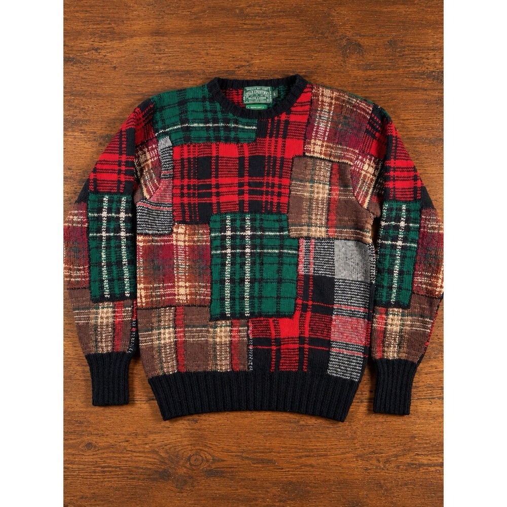 Polo Country Ralph Lauren 80s Hand Knit Wool Patchwork Tartan Plaid Sweater L